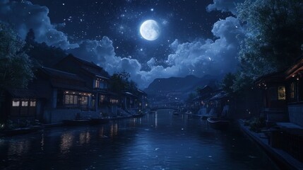 Fototapeta premium A canal under a starry night sky, with the moonlight casting a soft glow on the water.