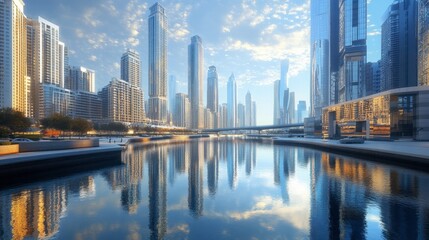 Obraz premium A canal winding through a modern city, with skyscrapers reflecting in the water below.