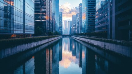 Naklejka premium A canal winding through a modern city, with skyscrapers reflecting in the water below.
