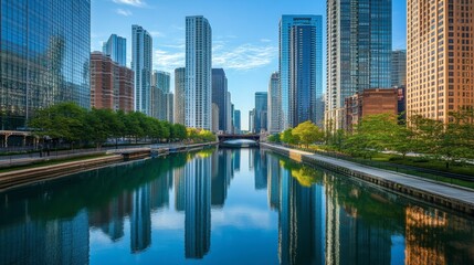 Fototapeta premium A canal winding through a modern city, with skyscrapers reflecting in the water below.