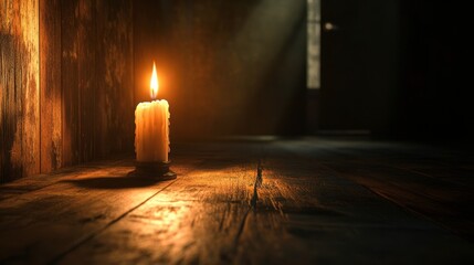 A candle burning in a dark room, with the flame providing the only light and casting long shadows on the walls.
