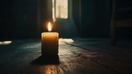 A candle burning in a dimly lit room, with the flame providing the only light and casting long shadows on the walls.