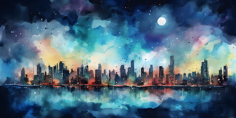 Fototapeta premium Abstrakte Skyline bei Nacht mit farbenfroher Reflexion im Wasser – Aquarell-Stil - Ai-Ki generiert