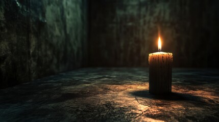 A candle burning in a dimly lit room, with the flame providing the only light and casting long shadows on the walls.