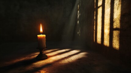 A candle burning in a dimly lit room, with the flame providing the only light and casting long shadows on the walls.