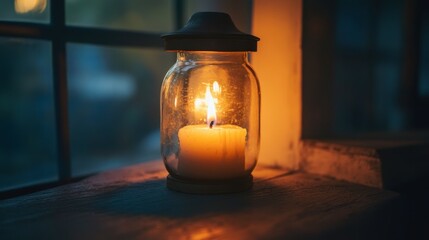A candle burning in a hurricane lamp, with the flame dancing inside the glass and casting shadows on the walls.
