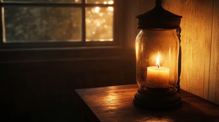 A candle burning in a hurricane lamp, with the flame dancing inside the glass and casting shadows on the walls.