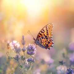 Obraz premium Leopard butterfly close-up image, gathering nectar from colorful flower picture