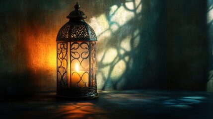 A candle burning in a lantern, with the light softly illuminating the glass and casting patterns on the walls.