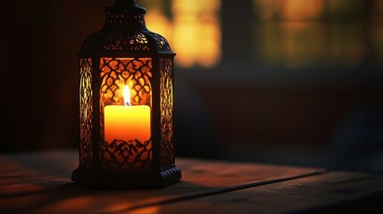 A candle burning in a lantern, with the light softly illuminating the glass and casting patterns on the walls.