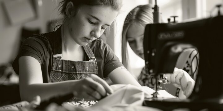 A teenager sitting at a sewing machine, focusing on stitching fabric - Powered by Adobe