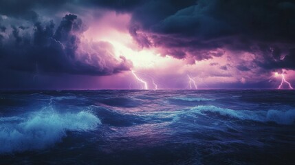 A dramatic ocean scene with lightning striking the water during a distant thunderstorm.