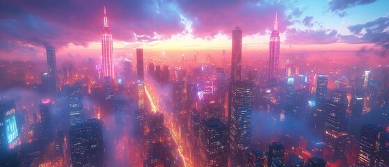 Obraz premium A Dreamy Cityscape with Illuminated Skyscrapers Under a Pink and Blue Sky