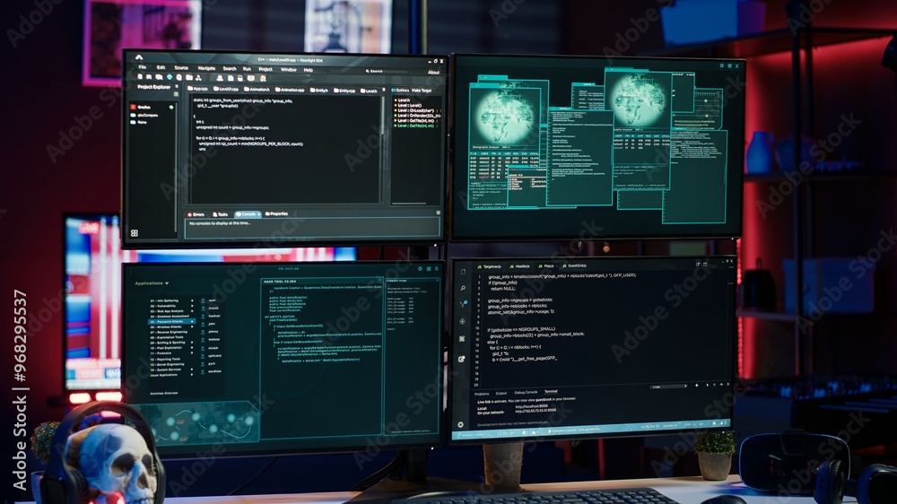 Poster lines of code running on computer monitors in empty room used by cybercriminal stealing sensitive in