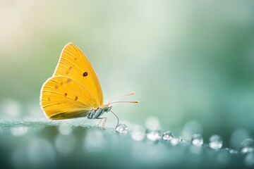 A close-up of a delicate yellow butterfly resting on a leaf with dew droplets, surrounded by a soft green background.