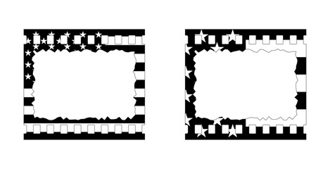 Fototapeta premium Black and white vintage style american flag 35mm film strip frame border vector graphic design. Usa freedom flag film reel to use for 4th july independence day, memorial day projects. 