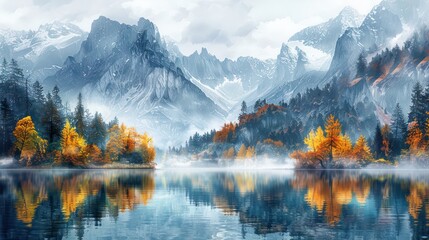 A serene landscape featuring majestic mountains, vibrant autumn trees, and a reflective lake.