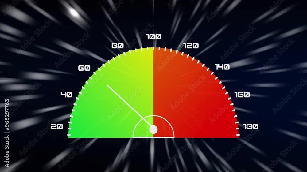 Poster animation of speedometer and data processing over light trails on black background