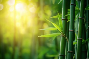 Green bamboo stems basking in soft sunlight, creating a serene and tranquil atmosphere in nature.