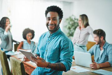 Businessman, portrait and tablet for collaboration, design planning and partnership for teambuilding. Workshop, meeting discussion or creativity for growth, diversity and web review for company goals