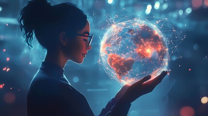 Naklejka premium teacher woman with glowing globe in a hand