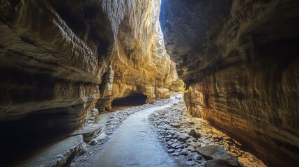 A cave with a narrow, winding passage, where the walls are lined with sharp, jagged rocks.