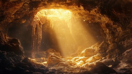 A cave with a natural skylight, where sunlight streams in, illuminating the rocky interior with a golden glow.