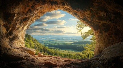 A cave with a natural stone archway, framing a view of the surrounding landscape.