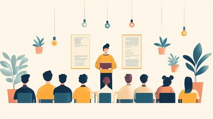 illustration of a teacher standing in front of a group of students, with simple geometric shapes and flat colors to represent education and learning