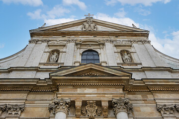 Architectural fragments of Polish Baroque church of Saints Peter and Paul (1619) in Krakow Old Town. Krakow, Poland.