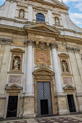 Architectural fragments of Polish Baroque church of Saints Peter and Paul (1619) in Krakow Old Town. Krakow, Poland.