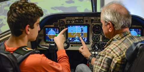 A teenager in the cockpit of a small aircraft, with a flight instructor seated beside him