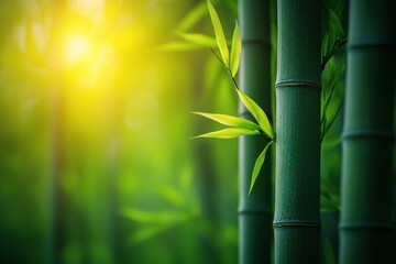 Serene bamboo forest scene with soft sunlight filtering through lush green leaves, creating a peaceful and calming atmosphere.