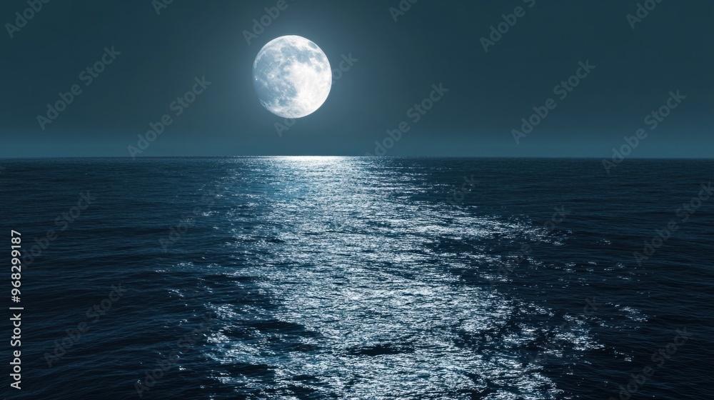 Wall mural a full moon reflecting on the surface of the ocean, creating a path of silver light.