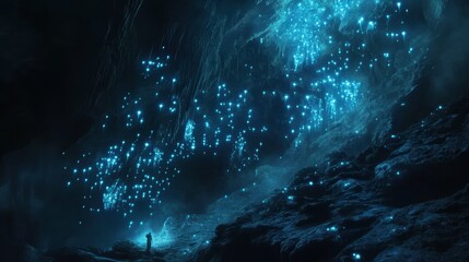 A cavern with bioluminescent fungi glowing on the walls, creating an otherworldly, ethereal atmosphere.