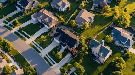 Fototapeta premium Aerial view of a neighborhood with rows of houses, each with well-maintained lawns and driveways.