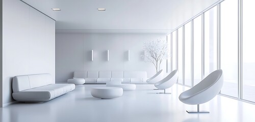 ,Modern white hotel lobby with minimalist furniture and design,