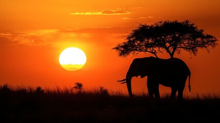 Fototapeta premium An elephant silhouetted against the rising sun in the African bush, creating a powerful, serene image.