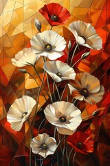 A vibrant abstract depiction of flowers with a warm, colorful background.