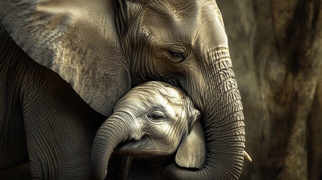 An elephant mother wrapping her trunk around her calf in a gentle, protective embrace.