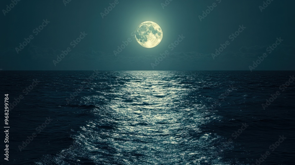 Wall mural a full moon reflecting on the surface of the ocean, creating a path of silver light.