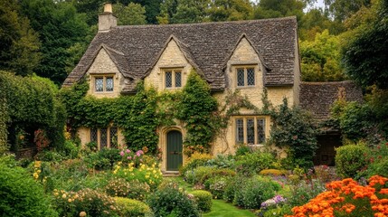 Obraz premium A charming English cottage with ivy climbing the walls and a garden full of flowers.