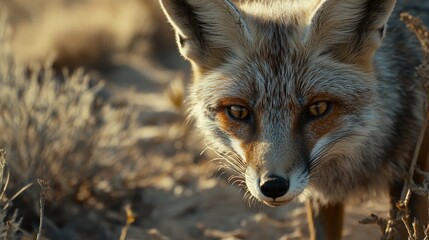 Fototapeta premium A close-up of a desert fox, blending in with its surroundings as it searches for food.