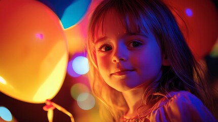A close-up of a girl holding a colorful balloon at a birthday party, her face lit up with excitement.