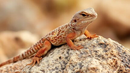 Fototapeta premium A close-up of a lizard basking on a hot desert rock, blending into the sandy background.