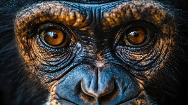 A close-up of a monkey face, showing its expressive eyes and wrinkled forehead.