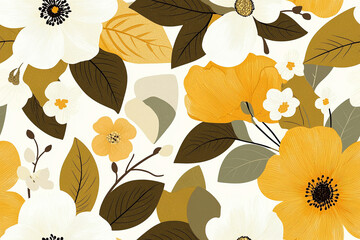 Seamless wallpaper of 1970s vintage floral motifs, showcasing large, stylized flowers and leaves in muted shades of mustard yellow and olive green