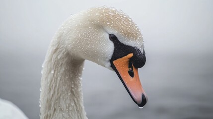 Obraz premium A close-up of a swan head and neck, with water droplets visible on its smooth white feathers.