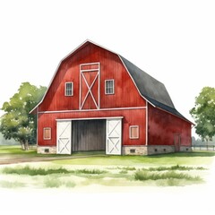 Obraz premium Charming Rural Red Barn Set Against a Countryside Background Watercolor Illustration