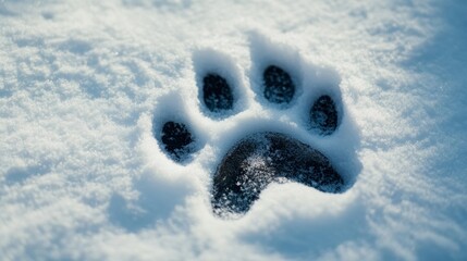 A close-up of a wolf paw print in the snow, with the outline sharply defined against the white background.